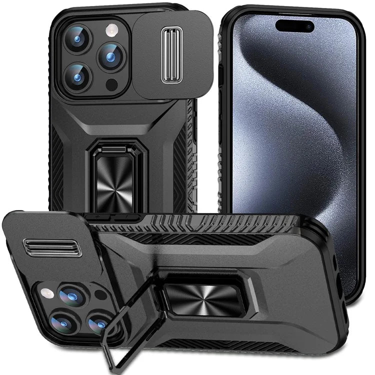 For iPhone 15 Pro Max Case PC+TPU Kickstand Phone Cover with Camera Slider