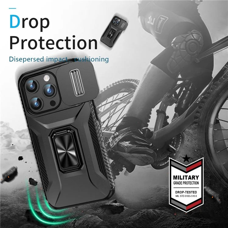 For iPhone 15 Pro Max Case PC+TPU Kickstand Phone Cover with Camera Slider
