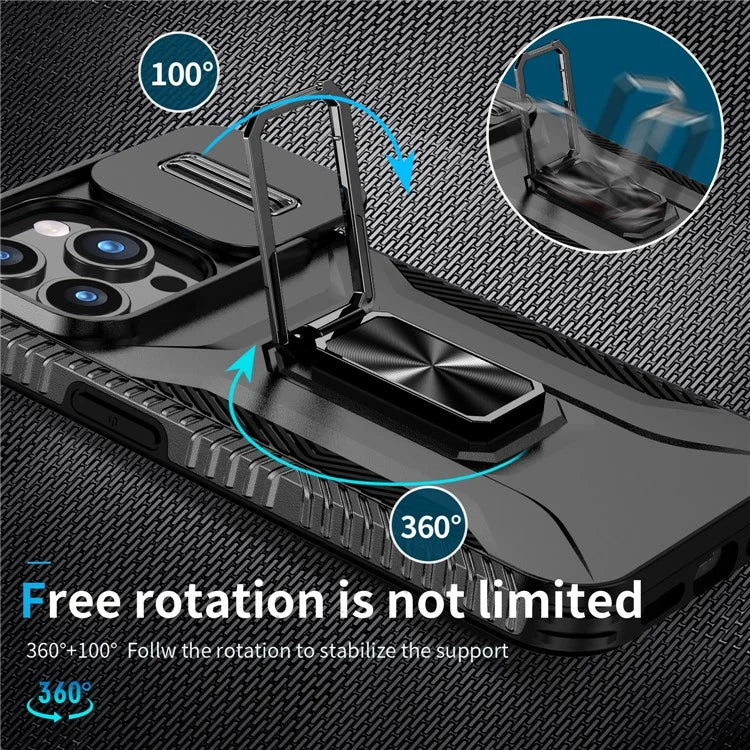 For iPhone 15 Pro Max Case PC+TPU Kickstand Phone Cover with Camera Slider