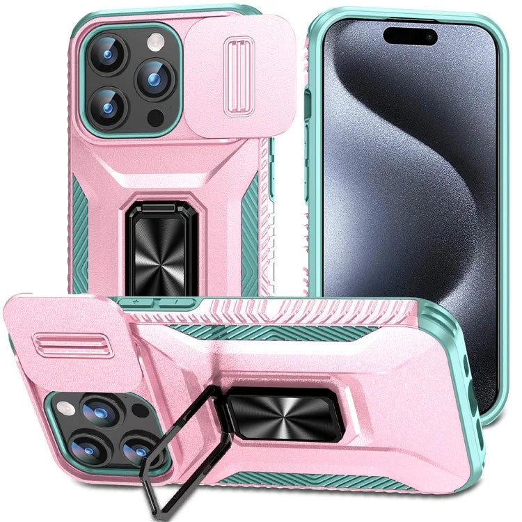 For iPhone 15 Pro Max Case PC+TPU Kickstand Phone Cover with Camera Slider