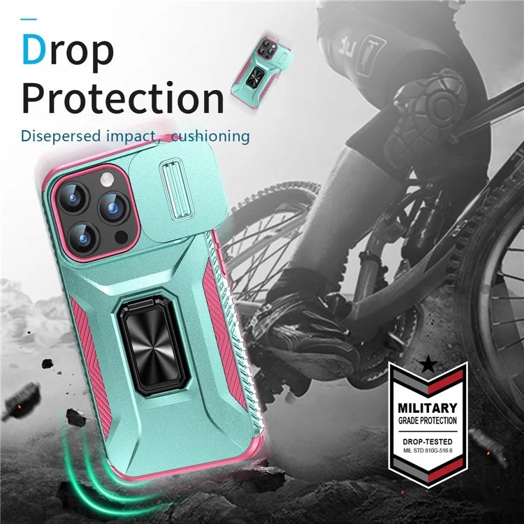 For iPhone 15 Pro Max Case PC+TPU Kickstand Phone Cover with Camera Slider