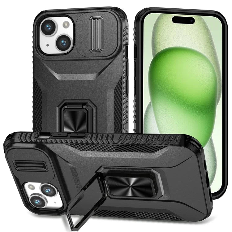 For iPhone 15 Kickstand Case PC+TPU Anti-drop Phone Cover with Camera Slider