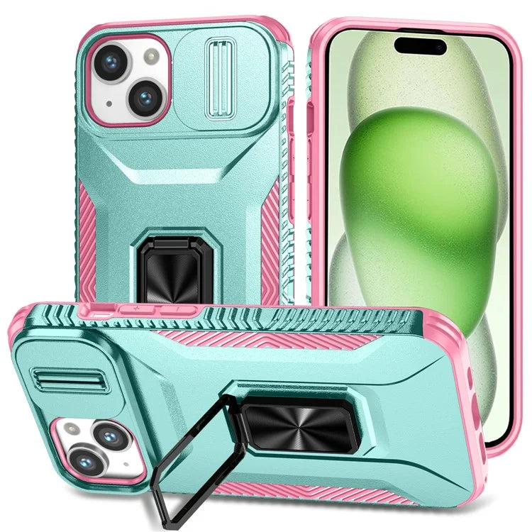 For iPhone 15 Kickstand Case PC+TPU Anti-drop Phone Cover with Camera Slider