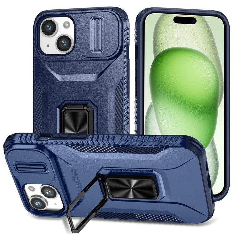 For iPhone 15 Kickstand Case PC+TPU Anti-drop Phone Cover with Camera Slider