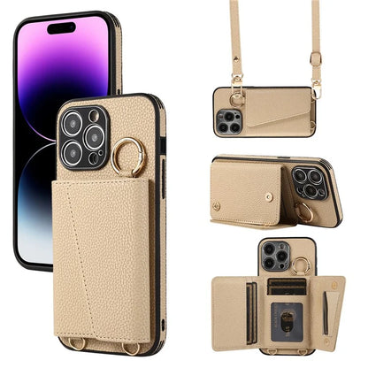 For iPhone 14 Pro Max Case Card Holder Stand Phone Cover with Shoulder Strap