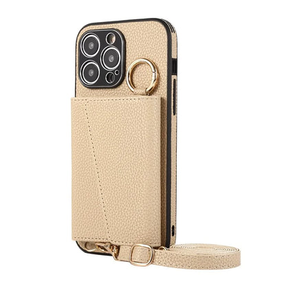 For iPhone 14 Pro Max Case Card Holder Stand Phone Cover with Shoulder Strap