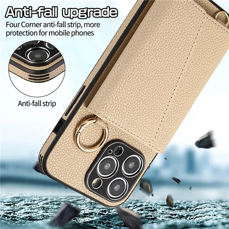 For iPhone 14 Pro Max Case Card Holder Stand Phone Cover with Shoulder Strap