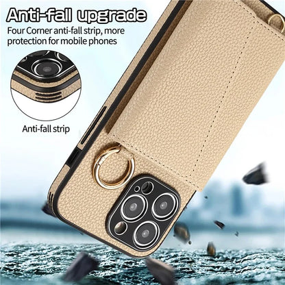 For iPhone 14 Pro Max Case Card Holder Stand Phone Cover with Shoulder Strap