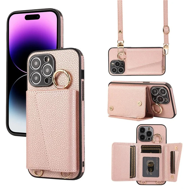 For iPhone 14 Pro Max Case Card Holder Stand Phone Cover with Shoulder Strap
