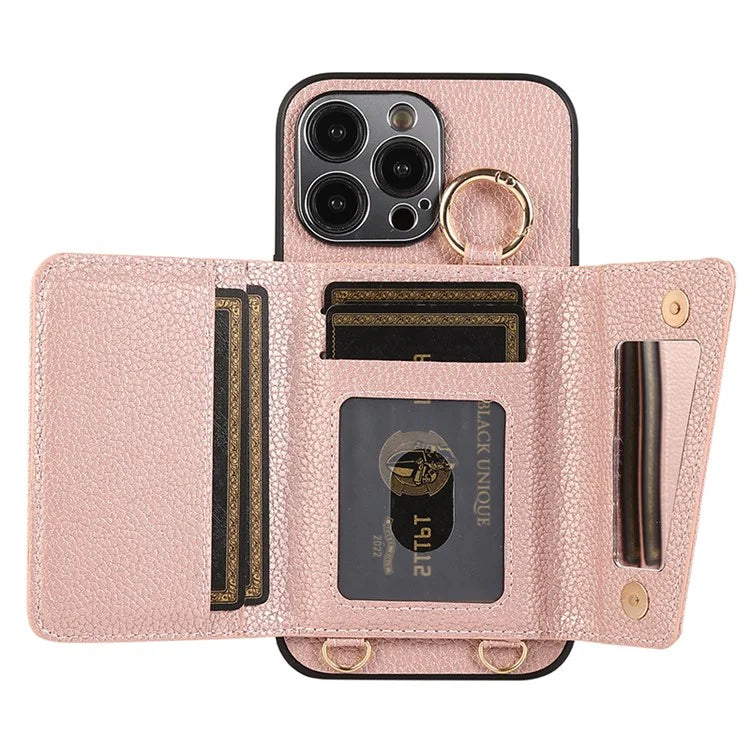 For iPhone 14 Pro Max Case Card Holder Stand Phone Cover with Shoulder Strap