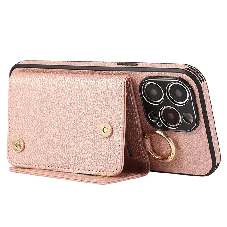 For iPhone 14 Pro Max Case Card Holder Stand Phone Cover with Shoulder Strap