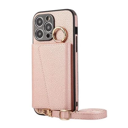 For iPhone 14 Pro Max Case Card Holder Stand Phone Cover with Shoulder Strap