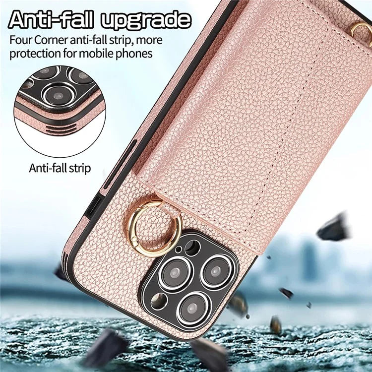 For iPhone 14 Pro Max Case Card Holder Stand Phone Cover with Shoulder Strap