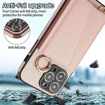 For iPhone 14 Pro Max Case Card Holder Stand Phone Cover with Shoulder Strap
