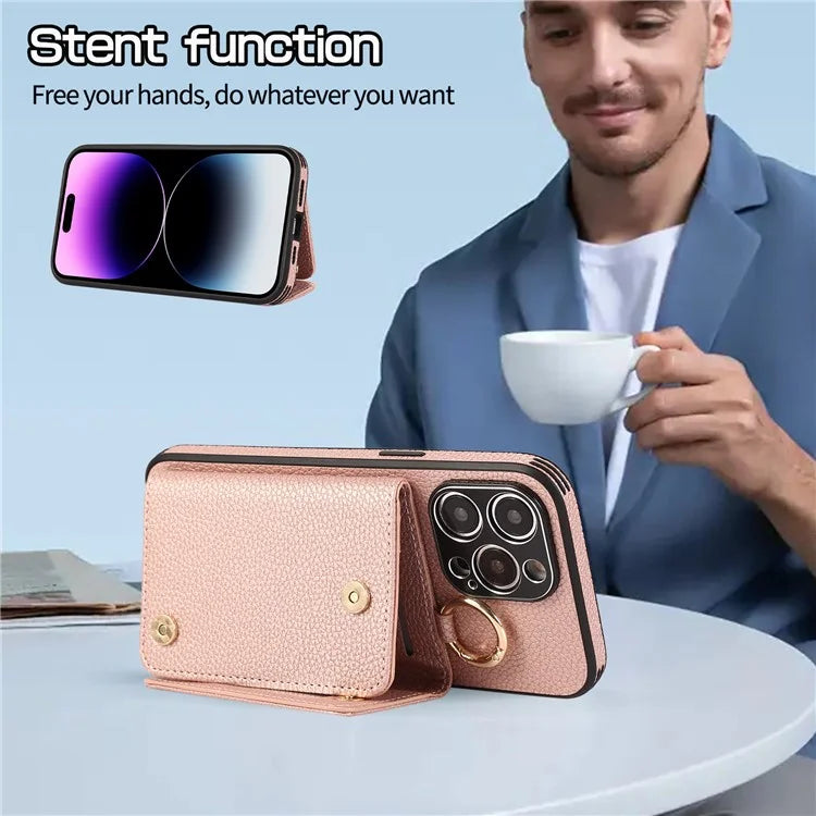 For iPhone 14 Pro Max Case Card Holder Stand Phone Cover with Shoulder Strap