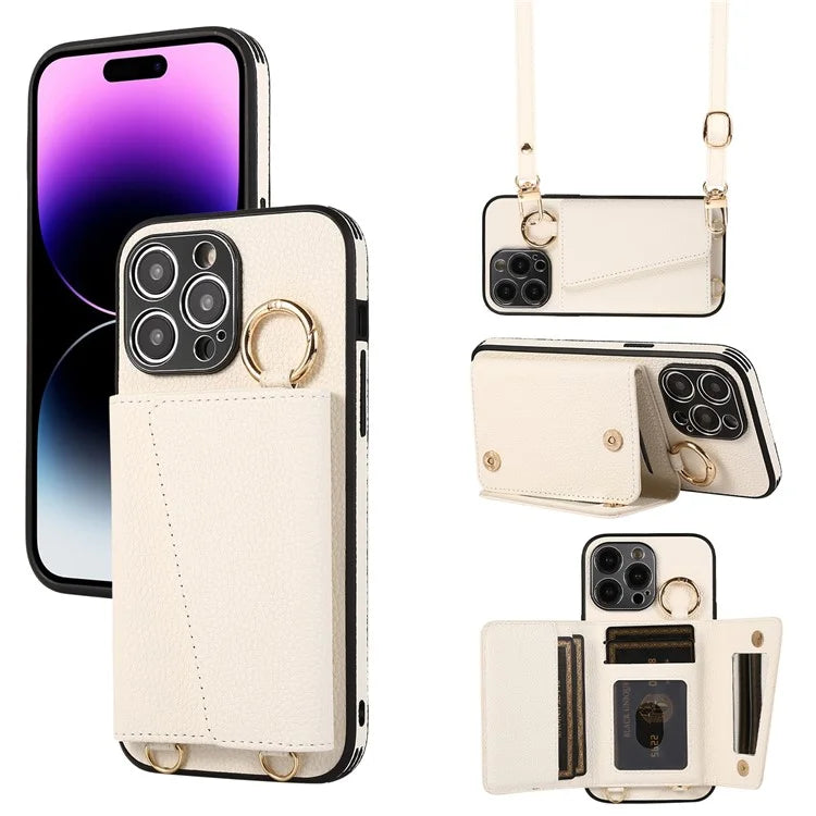 For iPhone 14 Pro Max Case Card Holder Stand Phone Cover with Shoulder Strap