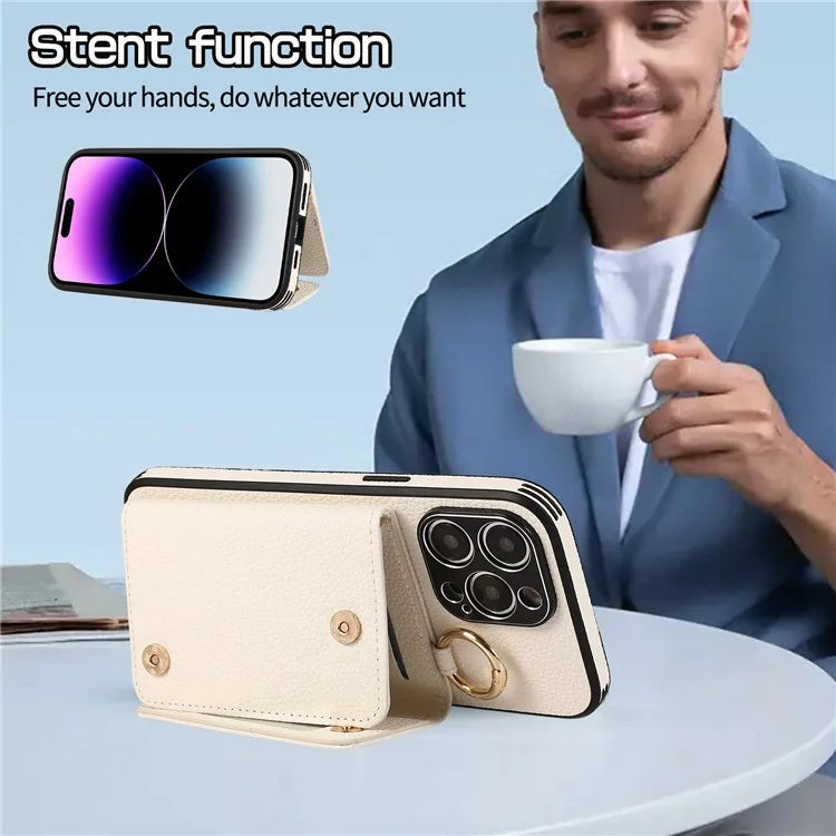 For iPhone 14 Pro Max Case Card Holder Stand Phone Cover with Shoulder Strap