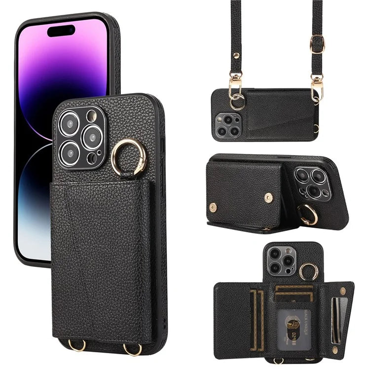 For iPhone 14 Pro Max Case Card Holder Stand Phone Cover with Shoulder Strap