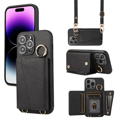 For iPhone 14 Pro Max Case Card Holder Stand Phone Cover with Shoulder Strap
