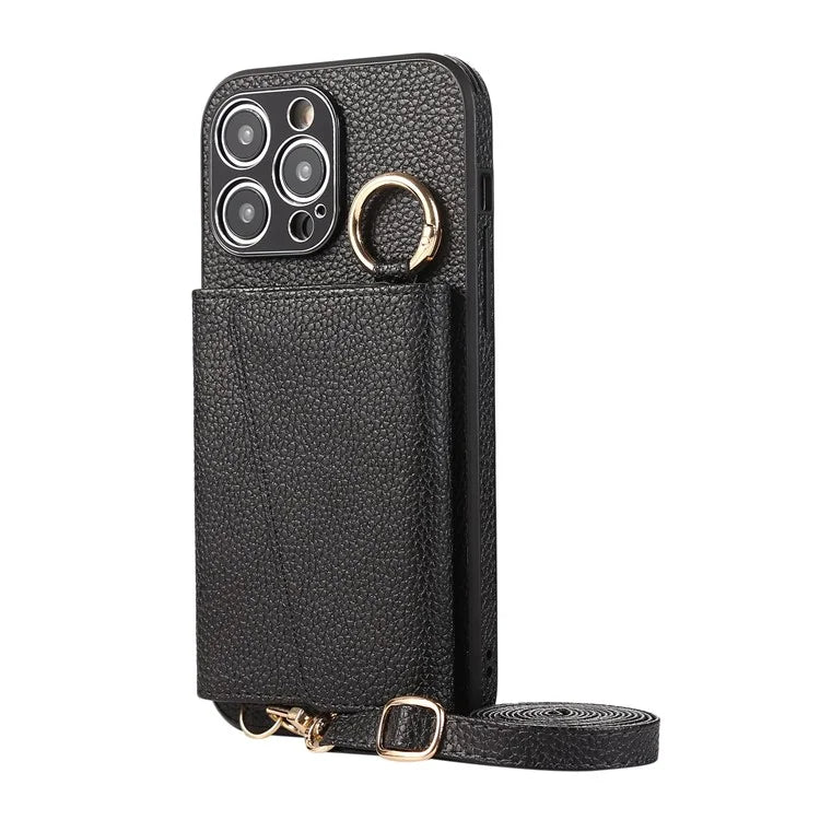 For iPhone 14 Pro Max Case Card Holder Stand Phone Cover with Shoulder Strap