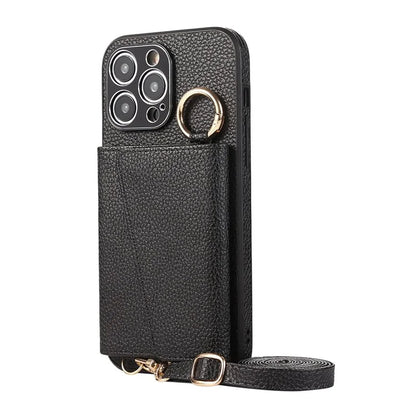 For iPhone 14 Pro Max Case Card Holder Stand Phone Cover with Shoulder Strap