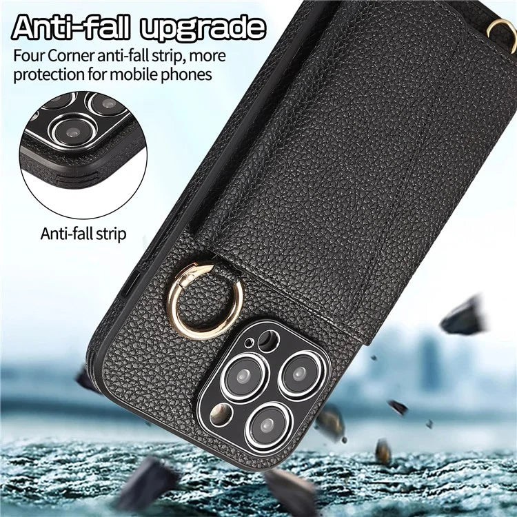 For iPhone 14 Pro Max Case Card Holder Stand Phone Cover with Shoulder Strap
