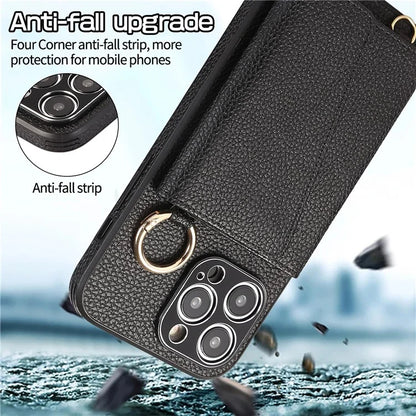 For iPhone 14 Pro Max Case Card Holder Stand Phone Cover with Shoulder Strap