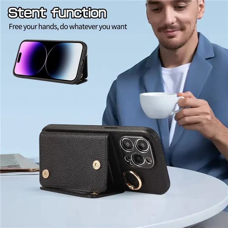 For iPhone 14 Pro Max Case Card Holder Stand Phone Cover with Shoulder Strap