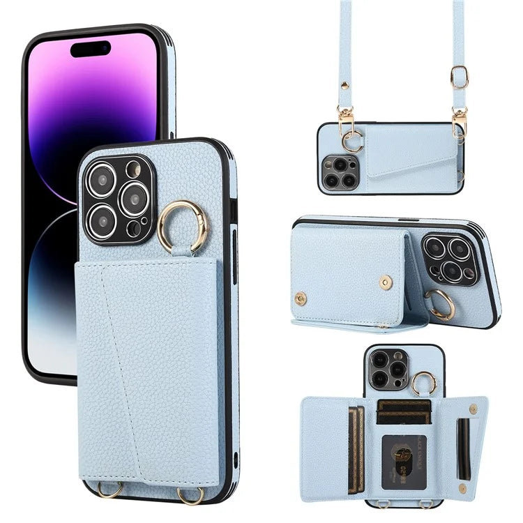For iPhone 14 Pro Max Case Card Holder Stand Phone Cover with Shoulder Strap