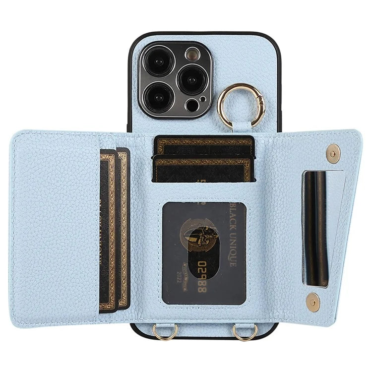 For iPhone 14 Pro Max Case Card Holder Stand Phone Cover with Shoulder Strap