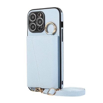 For iPhone 14 Pro Max Case Card Holder Stand Phone Cover with Shoulder Strap