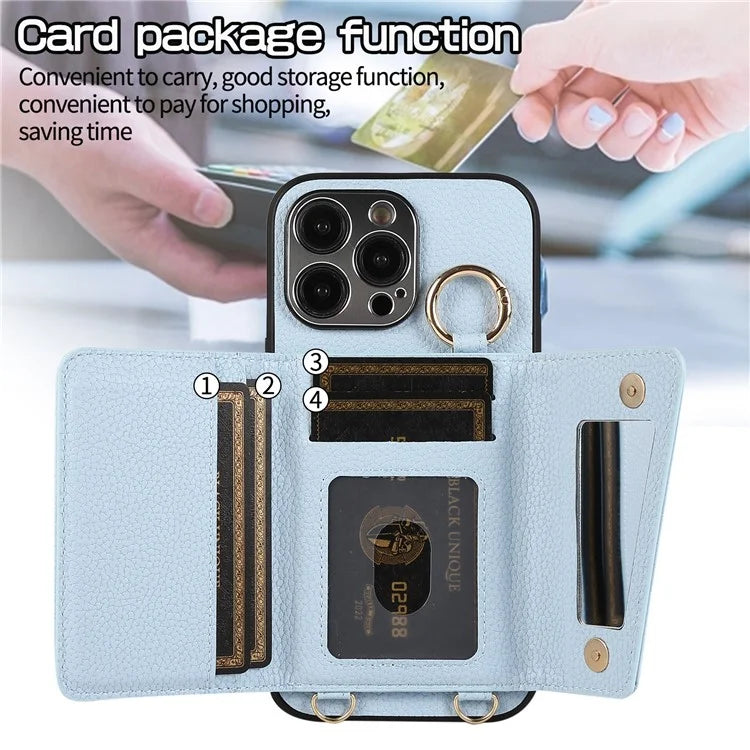 For iPhone 14 Pro Max Case Card Holder Stand Phone Cover with Shoulder Strap