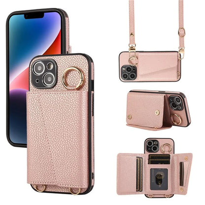 Card Holder Cell Phone Cover For iPhone 14 Case Genuine Leather Phone Case with Shoulder Strap