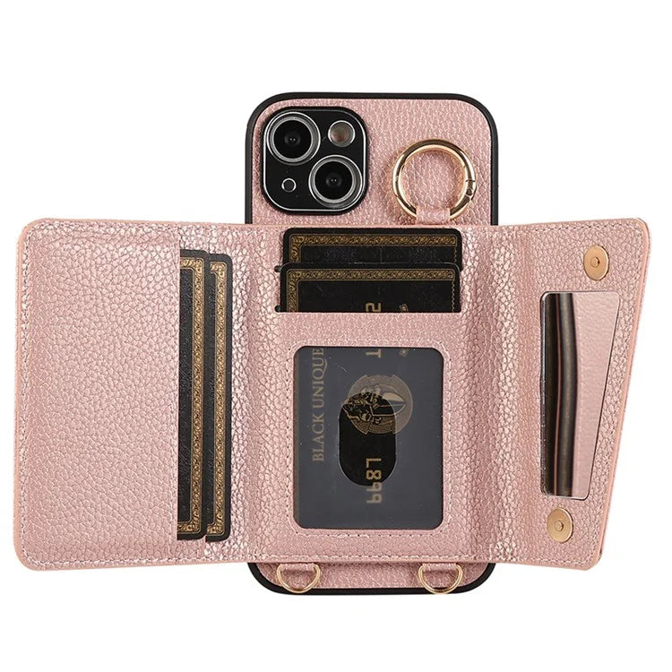 Card Holder Cell Phone Cover For iPhone 14 Case Genuine Leather Phone Case with Shoulder Strap