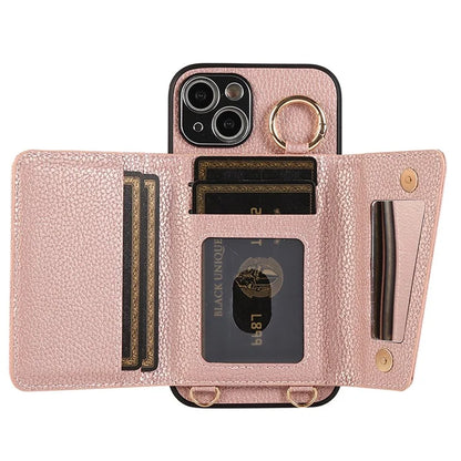 Card Holder Cell Phone Cover For iPhone 14 Case Genuine Leather Phone Case with Shoulder Strap