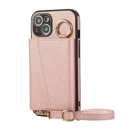 Card Holder Cell Phone Cover For iPhone 14 Case Genuine Leather Phone Case with Shoulder Strap