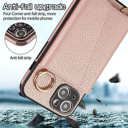 Card Holder Cell Phone Cover For iPhone 14 Case Genuine Leather Phone Case with Shoulder Strap