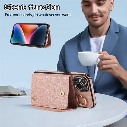 Card Holder Cell Phone Cover For iPhone 14 Case Genuine Leather Phone Case with Shoulder Strap