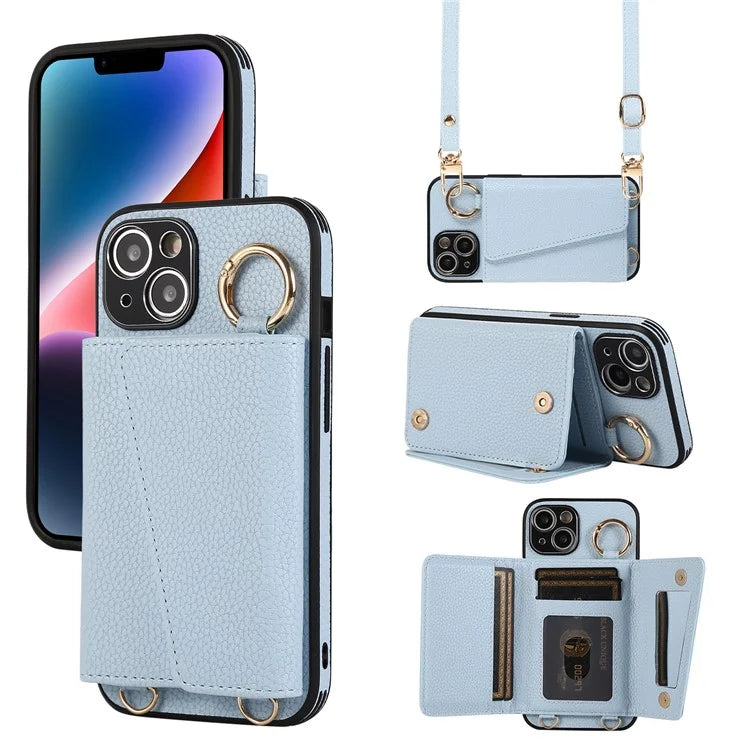Card Holder Cell Phone Cover For iPhone 14 Case Genuine Leather Phone Case with Shoulder Strap