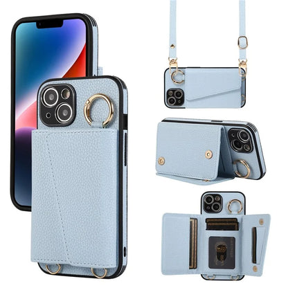 Card Holder Cell Phone Cover For iPhone 14 Case Genuine Leather Phone Case with Shoulder Strap