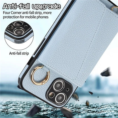 Card Holder Cell Phone Cover For iPhone 14 Case Genuine Leather Phone Case with Shoulder Strap