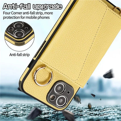 Card Holder Cell Phone Cover For iPhone 14 Case Genuine Leather Phone Case with Shoulder Strap