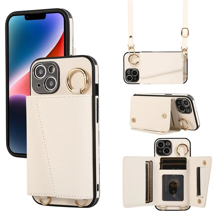 Card Holder Cell Phone Cover For iPhone 14 Case Genuine Leather Phone Case with Shoulder Strap