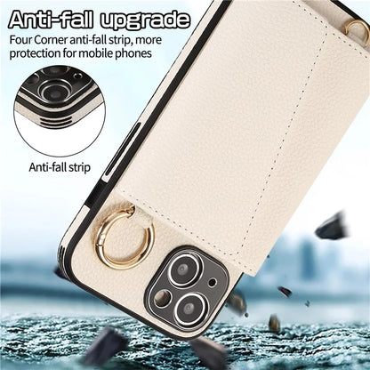 Card Holder Cell Phone Cover For iPhone 14 Case Genuine Leather Phone Case with Shoulder Strap