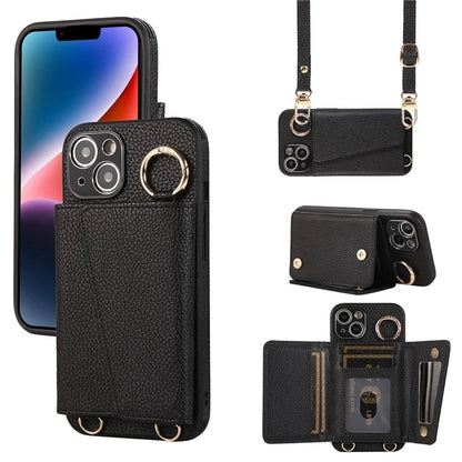 Card Holder Cell Phone Cover For iPhone 14 Case Genuine Leather Phone Case with Shoulder Strap