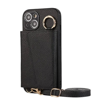 Card Holder Cell Phone Cover For iPhone 14 Case Genuine Leather Phone Case with Shoulder Strap