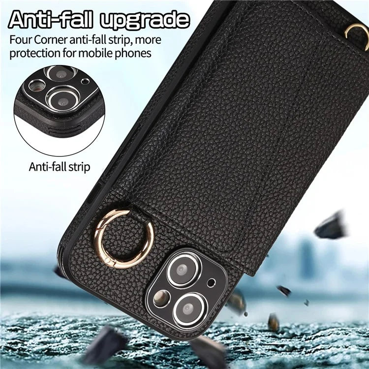 Card Holder Cell Phone Cover For iPhone 14 Case Genuine Leather Phone Case with Shoulder Strap