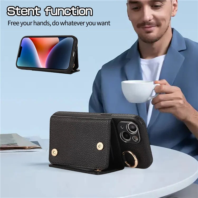 Card Holder Cell Phone Cover For iPhone 14 Case Genuine Leather Phone Case with Shoulder Strap