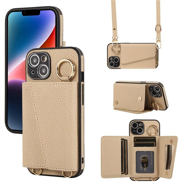 Card Holder Cell Phone Cover For iPhone 14 Case Genuine Leather Phone Case with Shoulder Strap