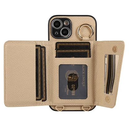 Card Holder Cell Phone Cover For iPhone 14 Case Genuine Leather Phone Case with Shoulder Strap